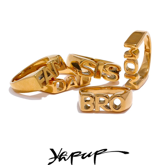 Yhpup FAM DAD SIS BRO MOM Statement Cast Family Letter Ring Stainless Steel Texture Gold Color Attractive Jewelry 18k PVD Plated