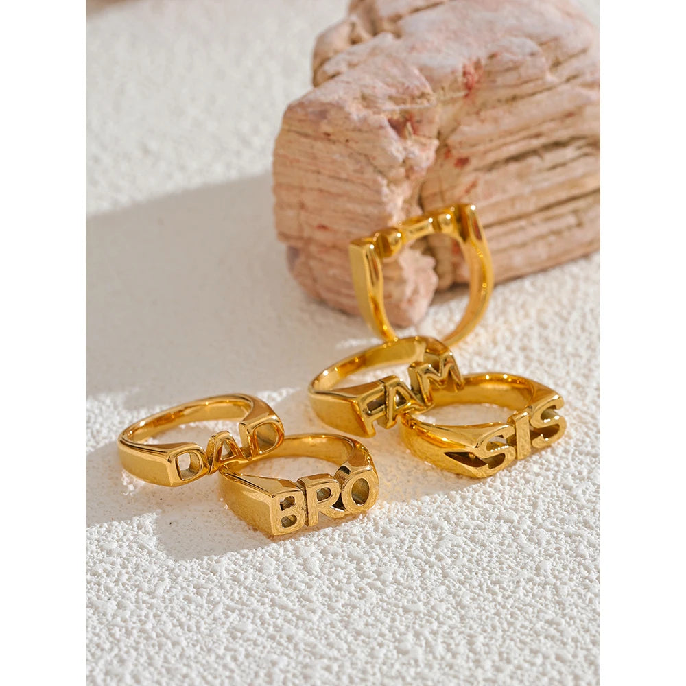Yhpup FAM DAD SIS BRO MOM Statement Cast Family Letter Ring Stainless Steel Texture Gold Color Attractive Jewelry 18k PVD Plated