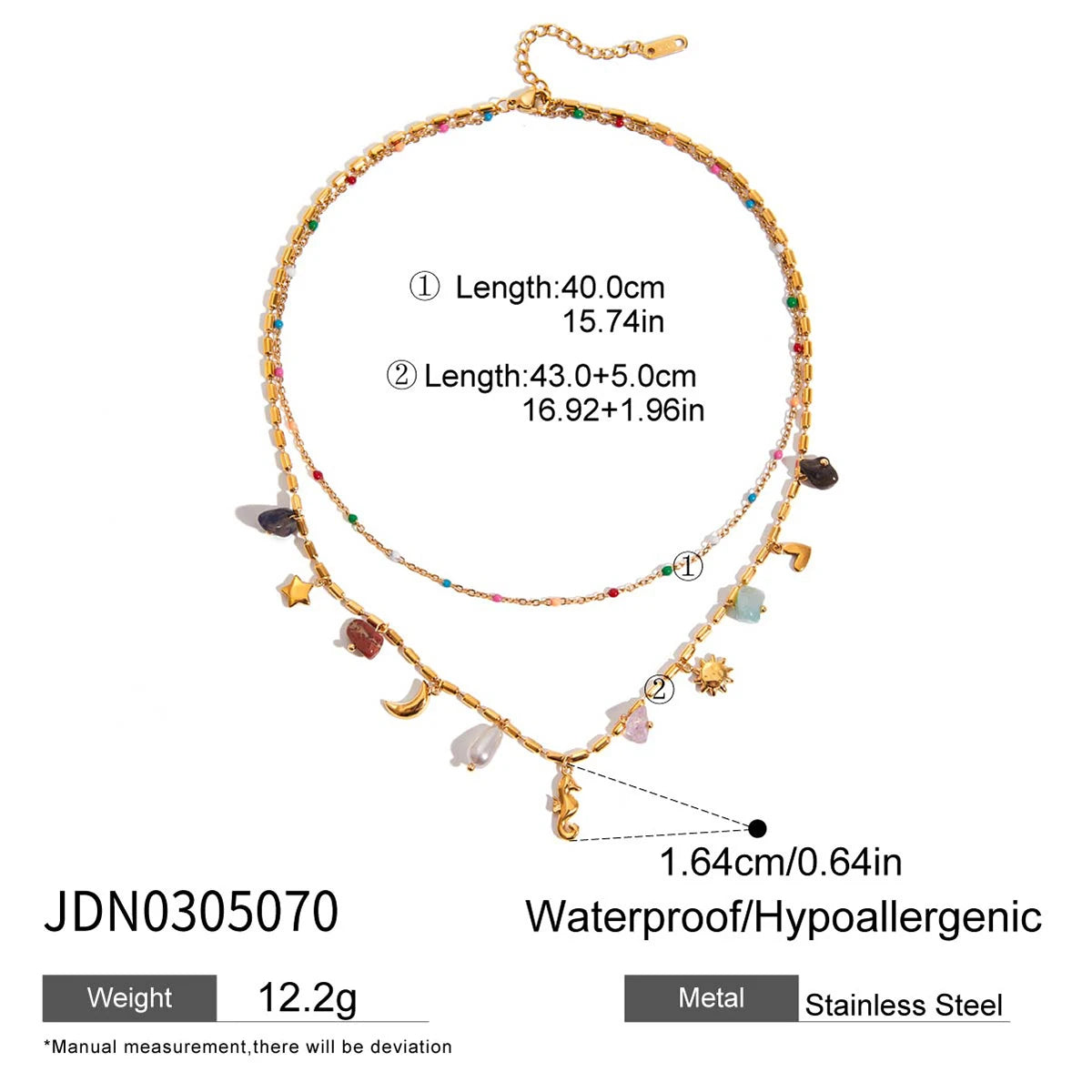 Zora 18K Gold Plated Stainless Steel Double Layer Multi Charm Pendant Necklace Colorful Natural Stone Daily Party Women Jewelry