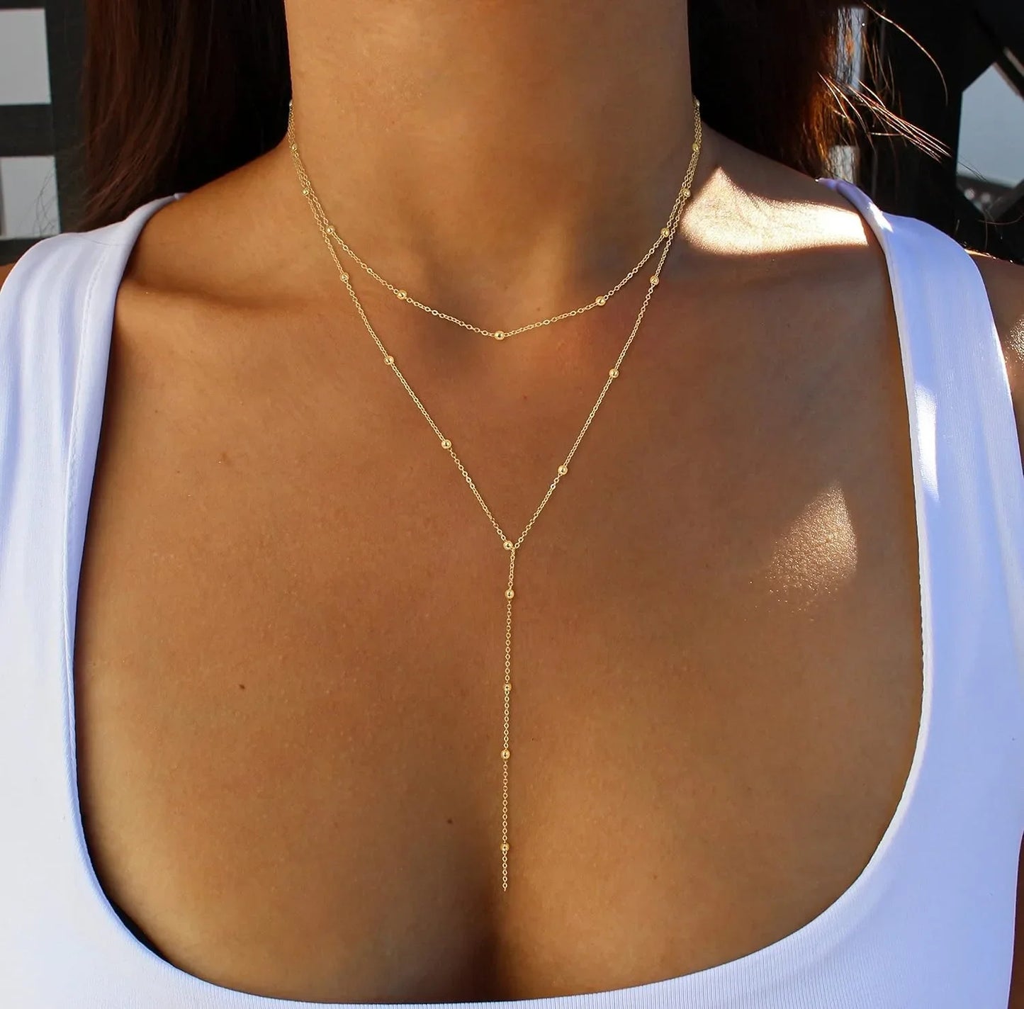 Gold Necklace for Women 14k Gold Plated/Silver Y-Shaped Pendant Necklace Layered Beaded Chain Drop Necklaces For Women Gift