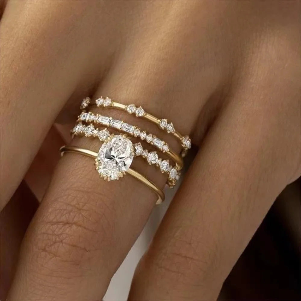 Fashion Big Zircon Statement Rings Set Minimalist High Quality Gold Plated High Quality Crystal Charm Finger Ring Copper Jewelry