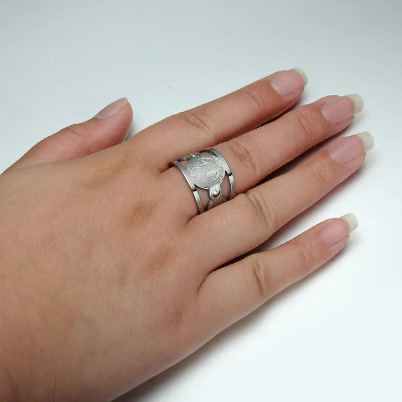 Stainless Steel San Benito Medal Ring For Women Men Gold/Silver Color Metal St Benedict Cross Open Ring Adjustable