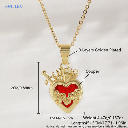 MHS.SUN Gold Plated Sacred Heart of Jesus Cross Necklace Red Zircon Religious Catholic Pendant Necklaces For Women Girls Jewelry