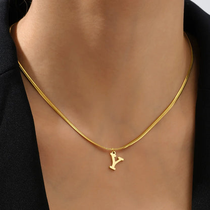 Stainless Steel Flat Snake Chains with A-Z Initial Pendant Necklace for Women Gold Color Alphabet Letter Necklace Collar Jewelry