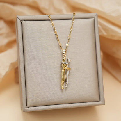 FTCY Stainless Steel Couple Hugging Necklace Pendant for Women Men Gold Silver Color Couple Love Chain Friend Gift Party Jewelry