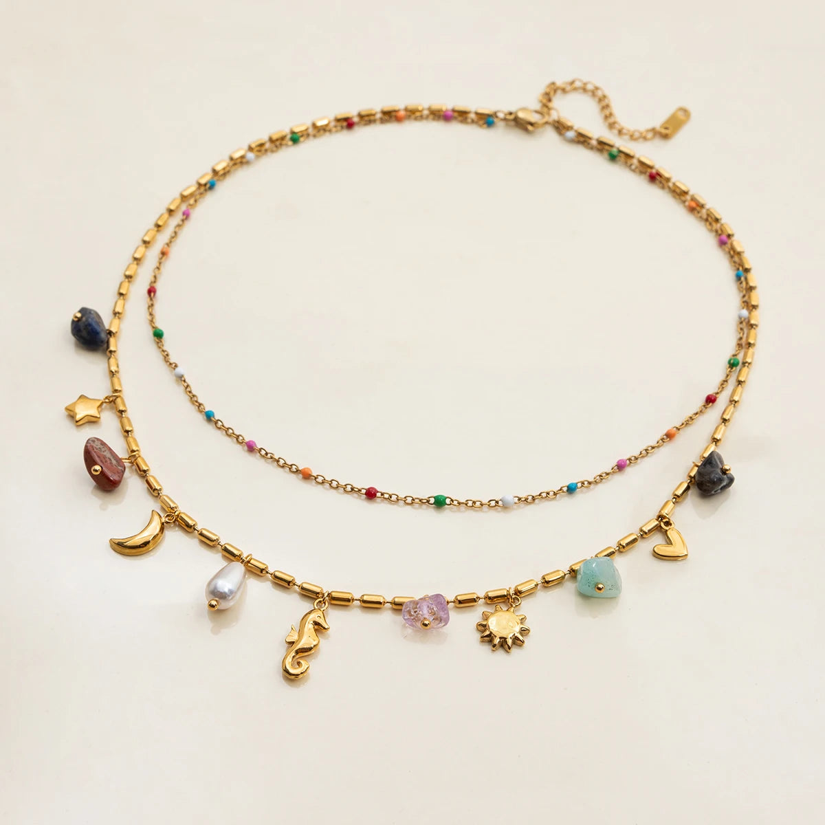 Zora 18K Gold Plated Stainless Steel Double Layer Multi Charm Pendant Necklace Colorful Natural Stone Daily Party Women Jewelry