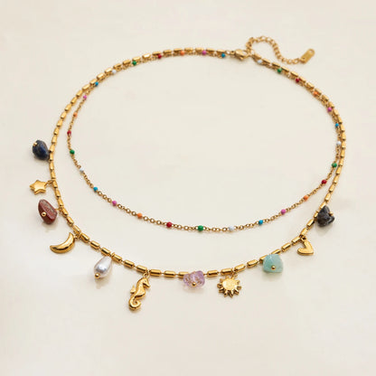 Zora 18K Gold Plated Stainless Steel Double Layer Multi Charm Pendant Necklace Colorful Natural Stone Daily Party Women Jewelry