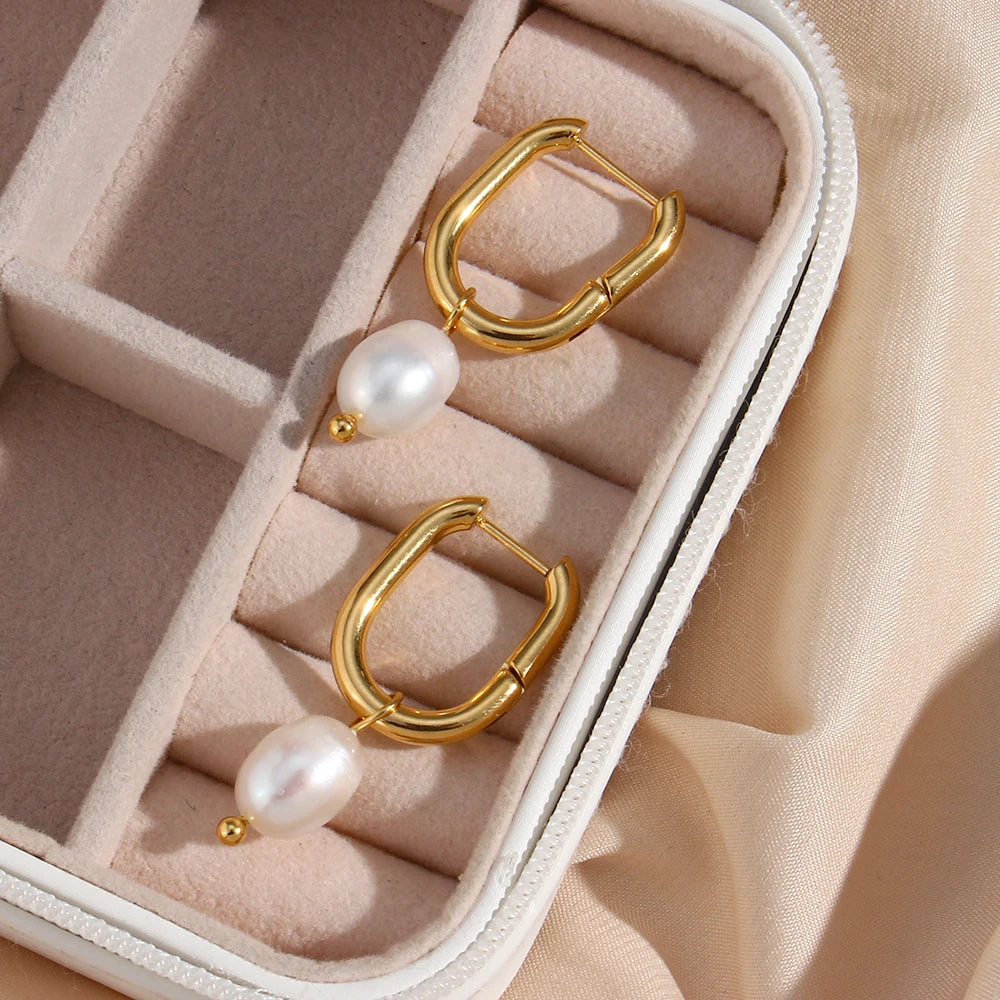 E.B.belle Waterproof Tarnish Free Jewelry Stainless Steel Gold Plated U Shape Freshwater Pearl Drop Hoop Ring Earrings For Woman