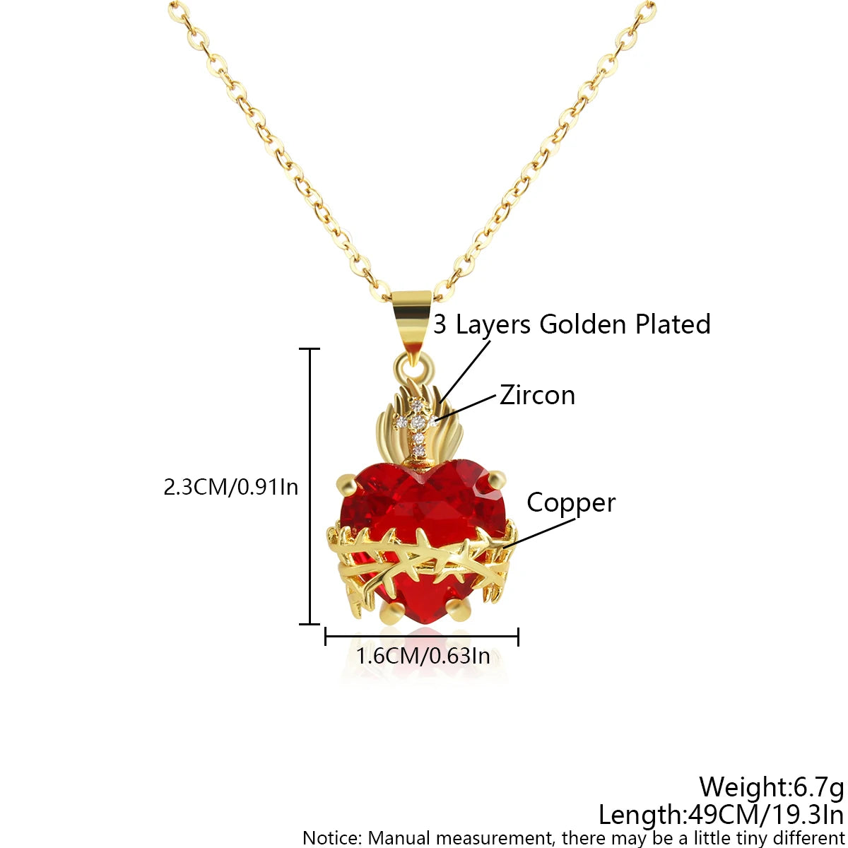 MHS.SUN Gold Plated Sacred Heart of Jesus Cross Necklace Red Zircon Religious Catholic Pendant Necklaces For Women Girls Jewelry