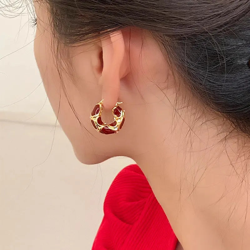 2024 New Trendy Enamel Color Metal Texture Small Hoop Earrings for Women Gold Plated Statement Ear Buckle Creative Jewelry Gifts