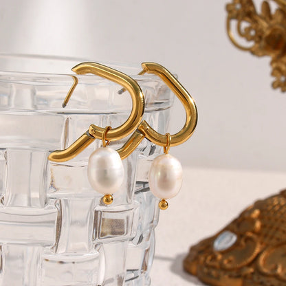 E.B.belle Waterproof Tarnish Free Jewelry Stainless Steel Gold Plated U Shape Freshwater Pearl Drop Hoop Ring Earrings For Woman