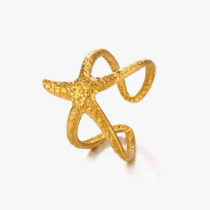 Stainless Steel Starfish Open Rings For Women Men Fashion Gold Color Irregular Textured Starfish Adjustable Ring Jewelry Gift