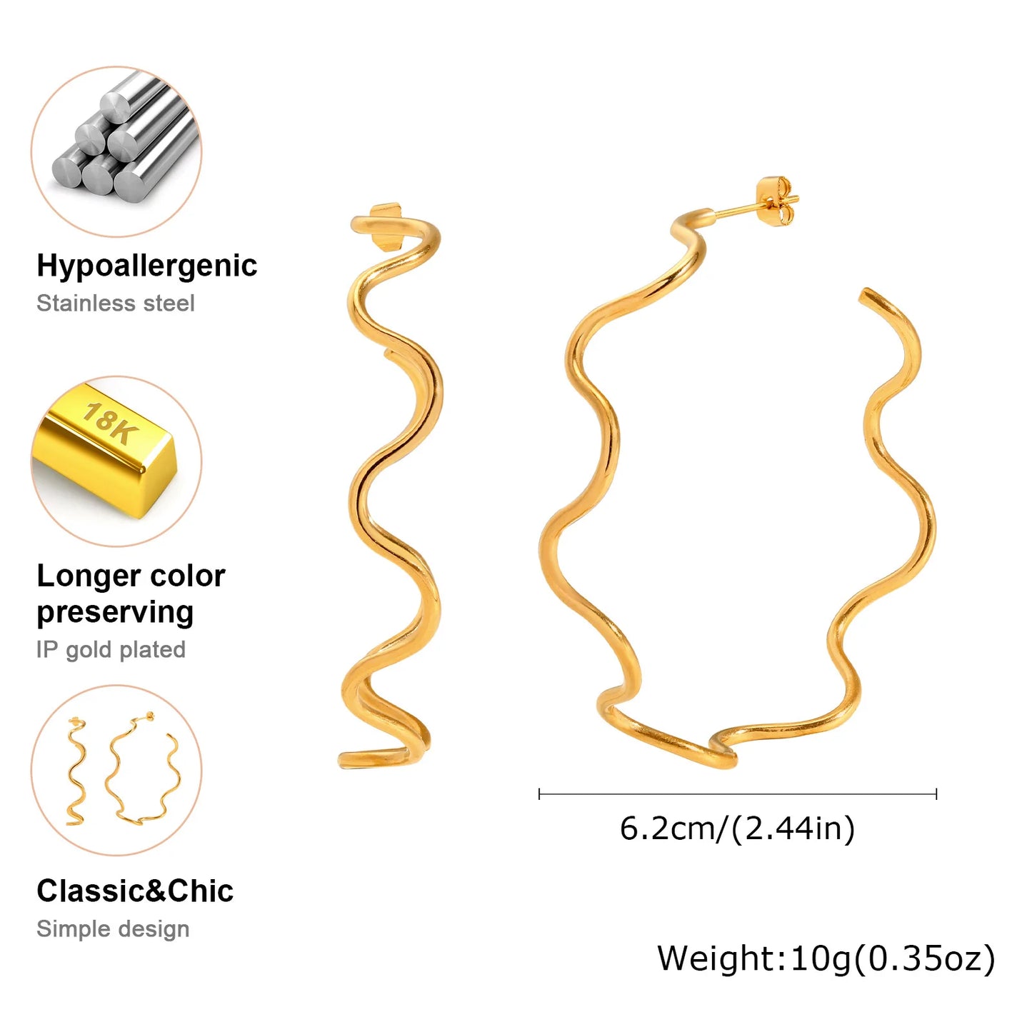 Open Hoop Earrings Women, Minimalist 18K Gold Plated Large Earrings Wave Shape Big Hoops,Stainless Steel Jewelry