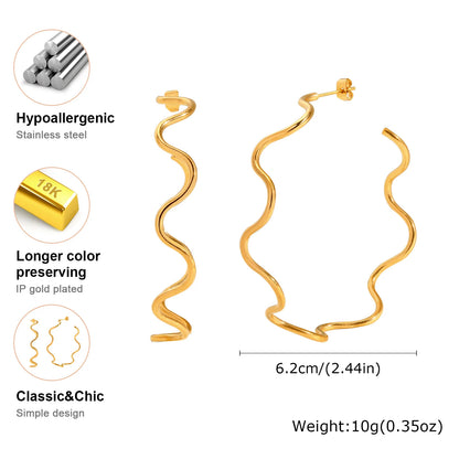 Open Hoop Earrings Women, Minimalist 18K Gold Plated Large Earrings Wave Shape Big Hoops,Stainless Steel Jewelry