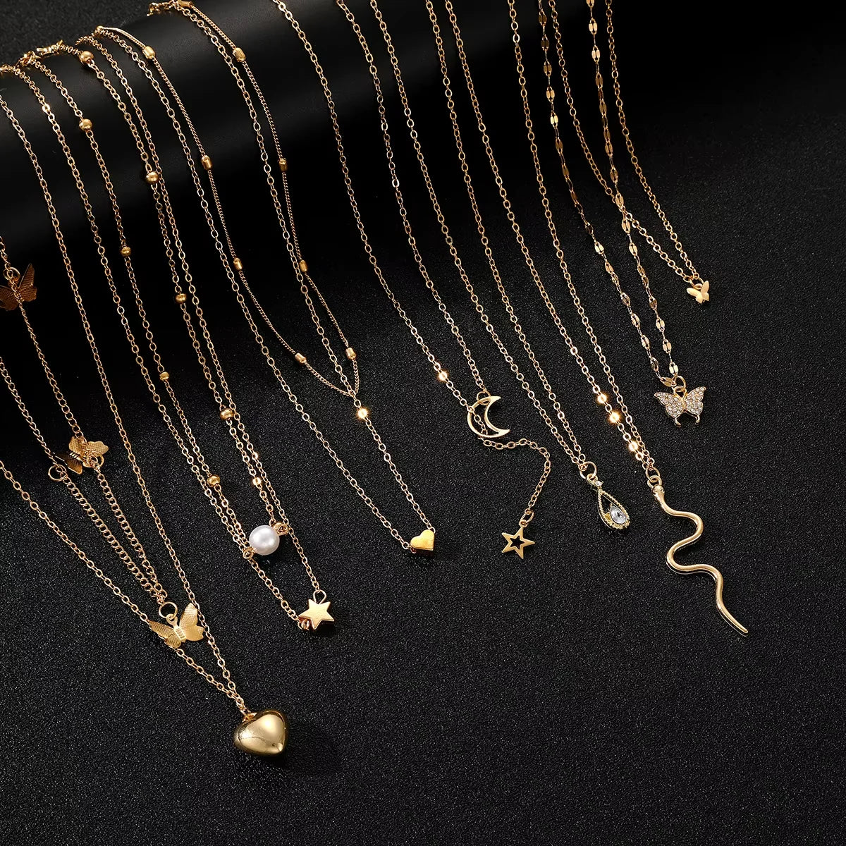 9 Pcs Multi-layered Gold Color Necklace Set for Women Fashion Zircon Pearl Heart Butterfly Star Moon Snake Pendant Necklaces Set