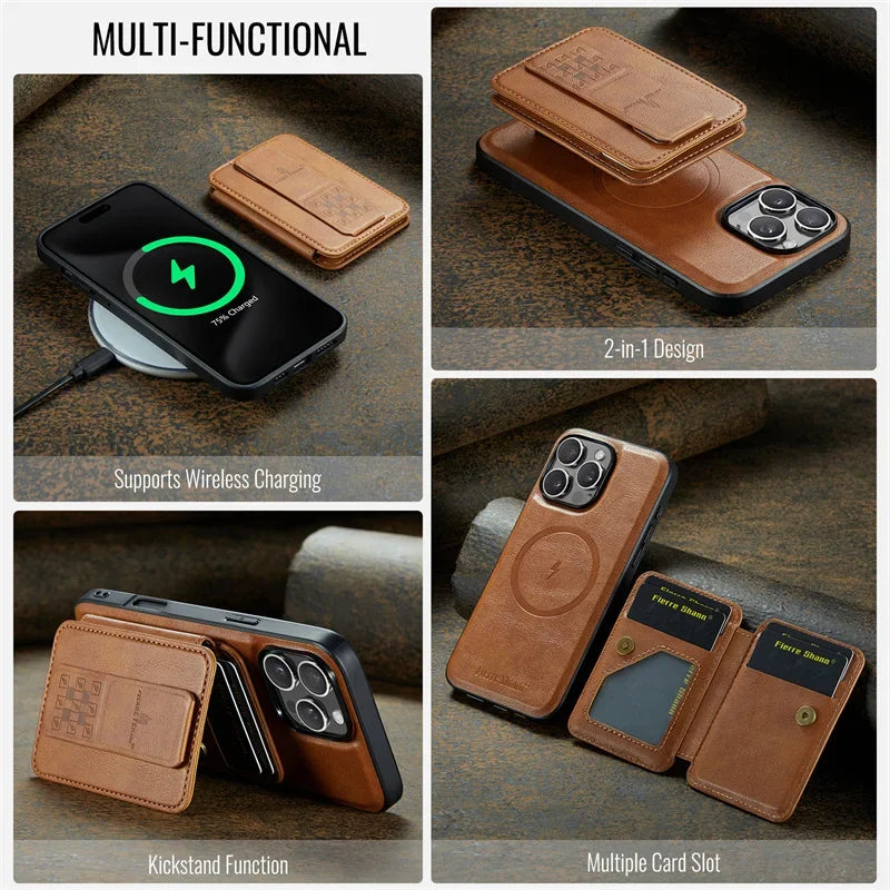 Luxury Leather Wallet Phone Case for iPhone 17 16 Pro 15 14 13 12Pro 11 XS Pro Max Compatible Magnetic MagSafe Wireless Charging