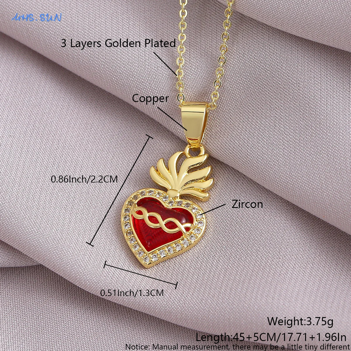 MHS.SUN Gold Plated Sacred Heart of Jesus Cross Necklace Red Zircon Religious Catholic Pendant Necklaces For Women Girls Jewelry