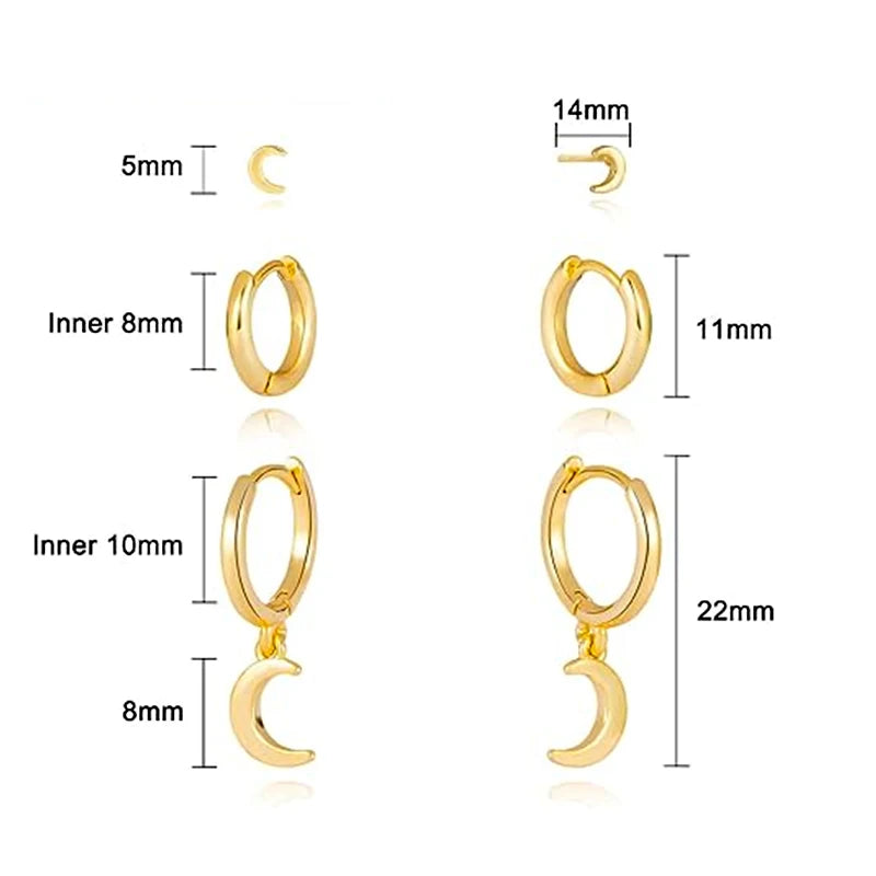 3 Pairs Gold Plated Stainless Steel Stud Earrings Set Heart Moon Star Small Hoop Earrings For Women