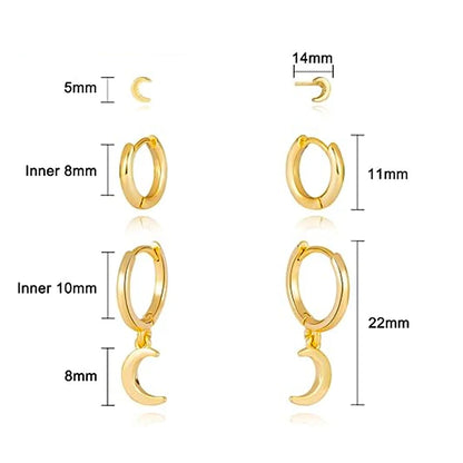 3 Pairs Gold Plated Stainless Steel Stud Earrings Set Heart Moon Star Small Hoop Earrings For Women
