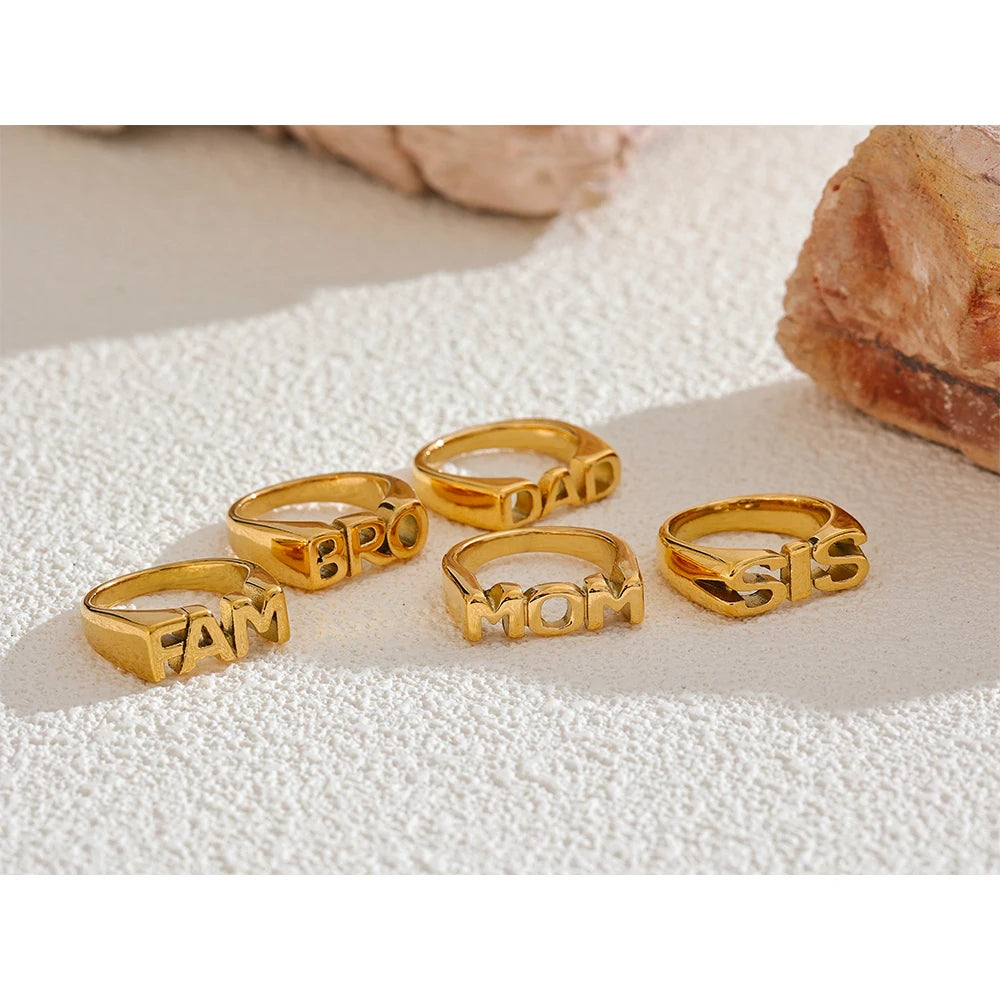 Yhpup FAM DAD SIS BRO MOM Statement Cast Family Letter Ring Stainless Steel Texture Gold Color Attractive Jewelry 18k PVD Plated