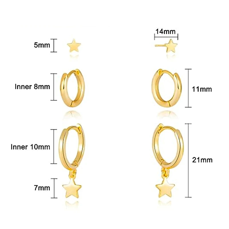 3 Pairs Gold Plated Stainless Steel Stud Earrings Set Heart Moon Star Small Hoop Earrings For Women