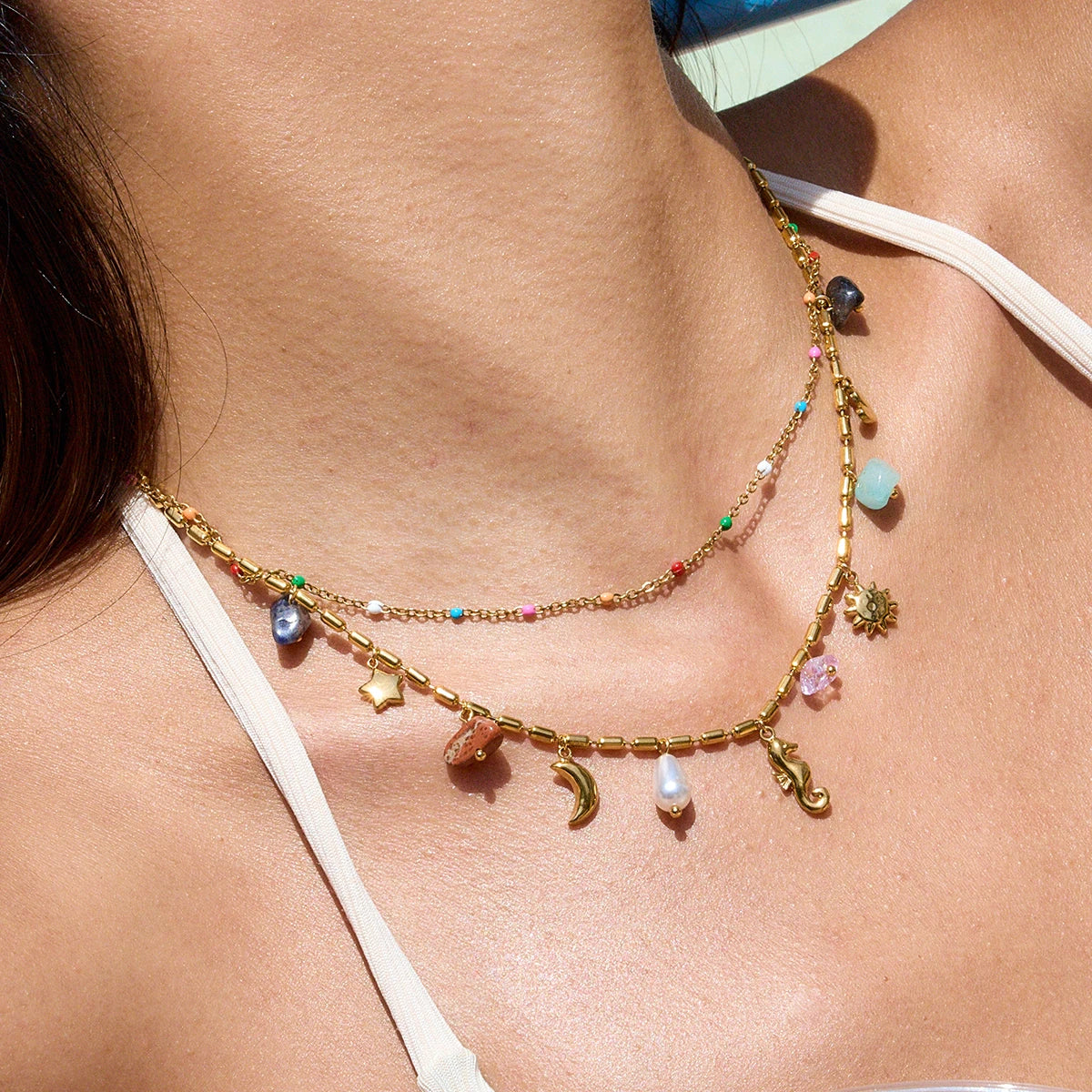 Zora 18K Gold Plated Stainless Steel Double Layer Multi Charm Pendant Necklace Colorful Natural Stone Daily Party Women Jewelry