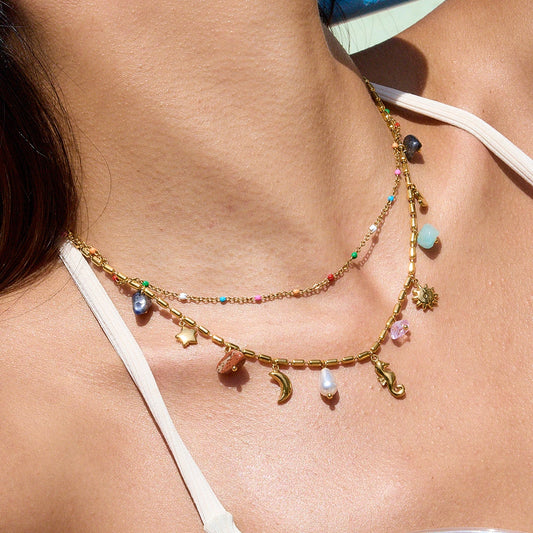 Zora 18K Gold Plated Stainless Steel Double Layer Multi Charm Pendant Necklace Colorful Natural Stone Daily Party Women Jewelry