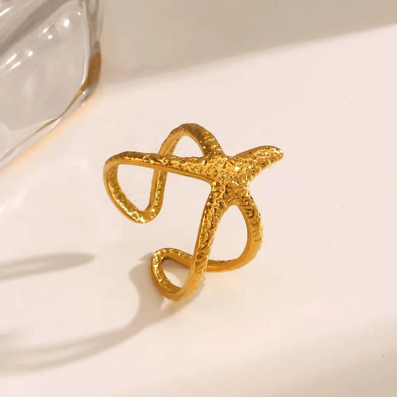 Stainless Steel Starfish Open Rings For Women Men Fashion Gold Color Irregular Textured Starfish Adjustable Ring Jewelry Gift