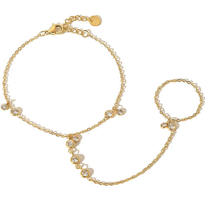 14K Yellow Gold Plated Stainless Steel Hand Chains Bracelet for Women Dainty Cubic Zirconia Bracelet and Ring Chain Body Jewelry
