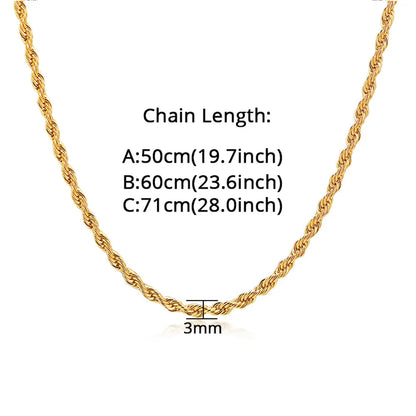 New Punk Twisted Rope Chain Necklace Wholesale 3mm Gold Color Stainless Steel Chains For Women Men Hip Hop Rock Jewelry Gift