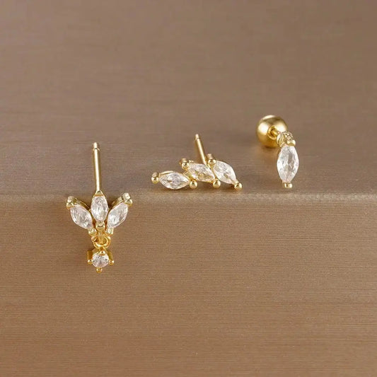 3PCS Stainless Steel Gold Colour Crown Stud Earring Set for Women 14K Gold Plated Crystal Zircon Unique Horse Eye Earring Jewellery