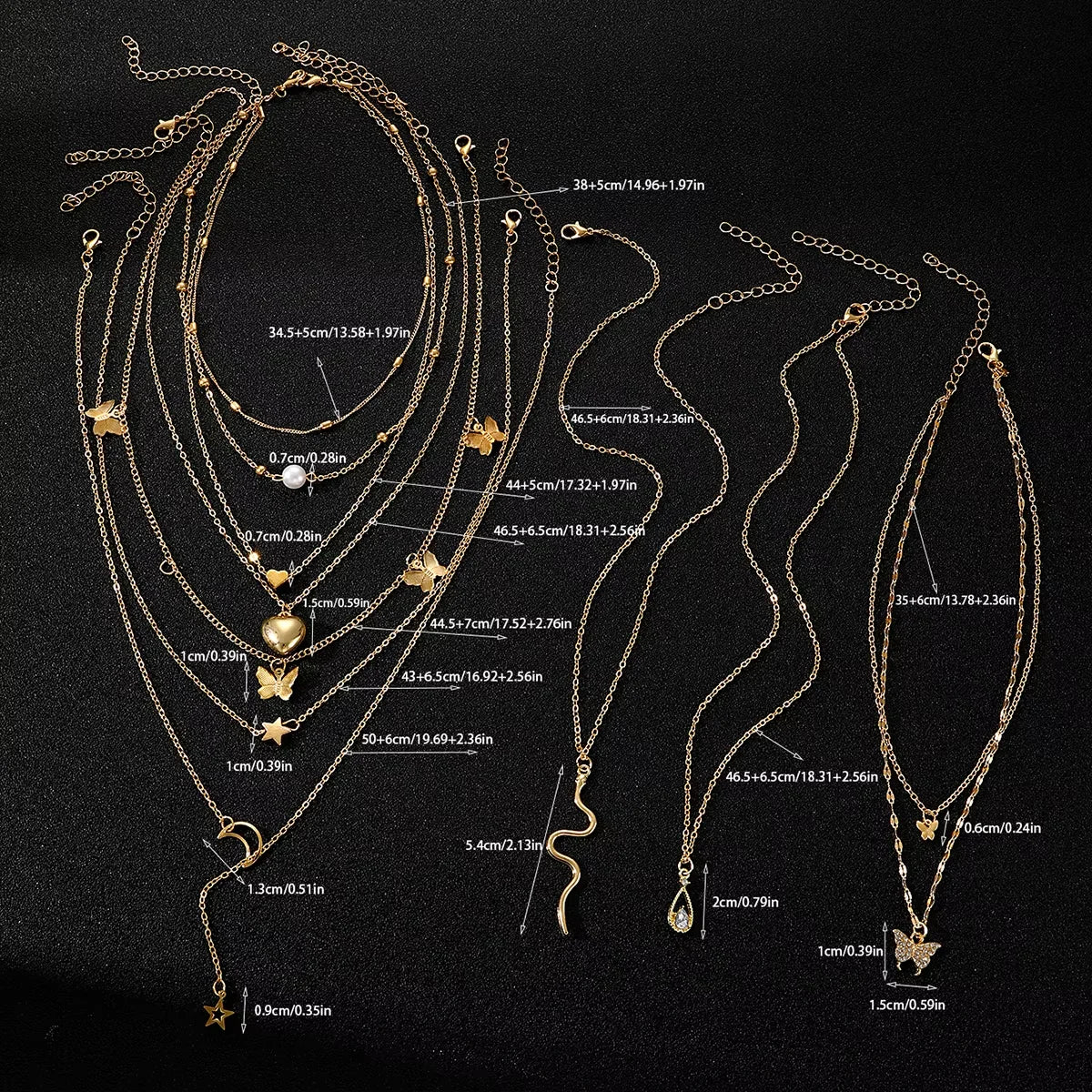9 Pcs Multi-layered Gold Color Necklace Set for Women Fashion Zircon Pearl Heart Butterfly Star Moon Snake Pendant Necklaces Set