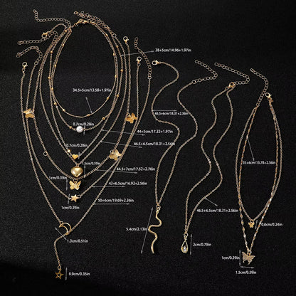 9 Pcs Multi-layered Gold Color Necklace Set for Women Fashion Zircon Pearl Heart Butterfly Star Moon Snake Pendant Necklaces Set