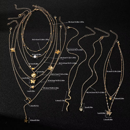 9 Pcs Multi-layered Gold Color Necklace Set for Women Fashion Zircon Pearl Heart Butterfly Star Moon Snake Pendant Necklaces Set