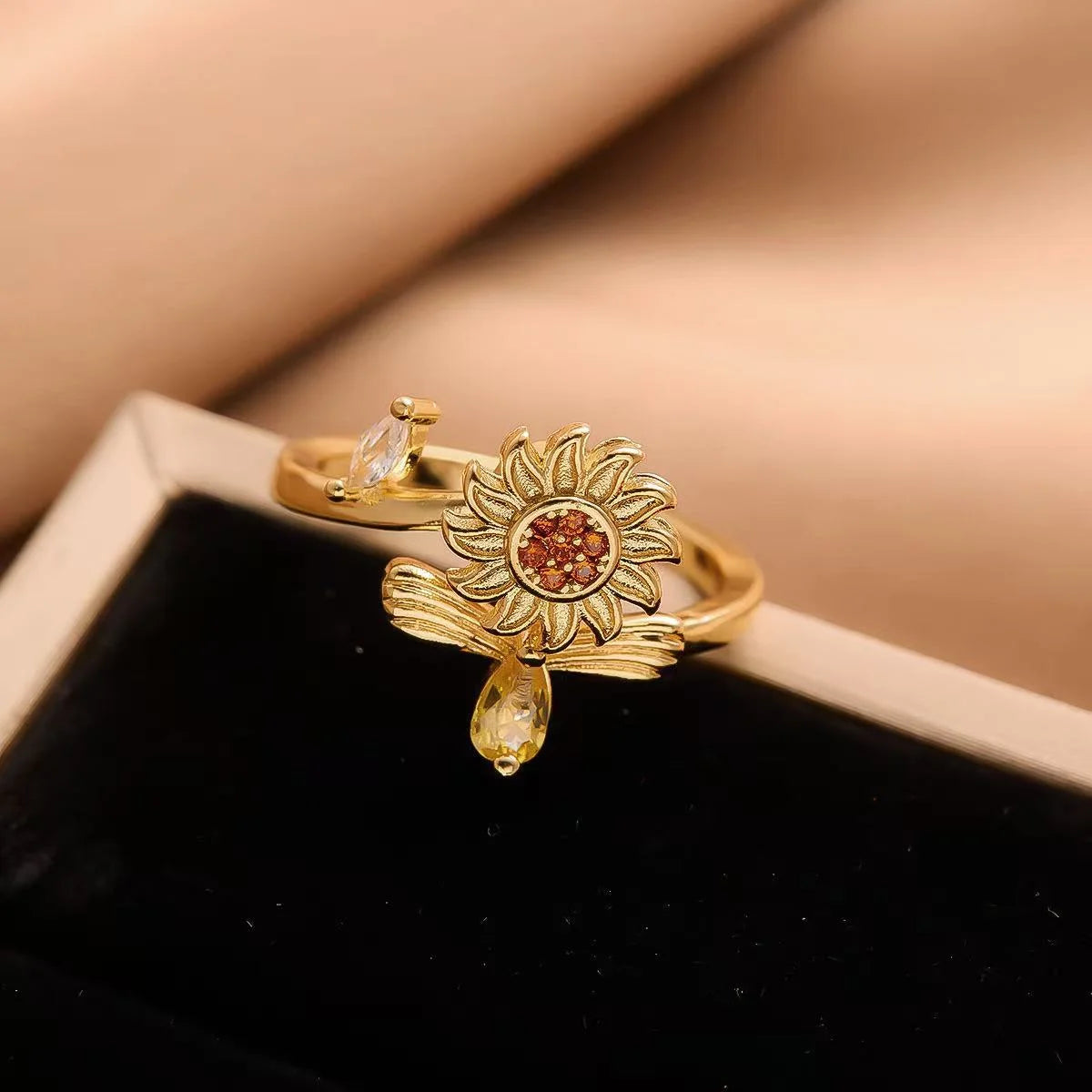 Flower Cubic Zirconia Size Adjustable Rings For Women Gold Copper Metal Ring Party Jewelry