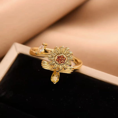 Flower Cubic Zirconia Size Adjustable Rings For Women Gold Copper Metal Ring Party Jewelry