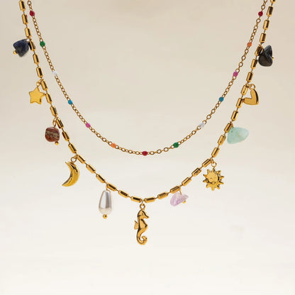 Zora 18K Gold Plated Stainless Steel Double Layer Multi Charm Pendant Necklace Colorful Natural Stone Daily Party Women Jewelry
