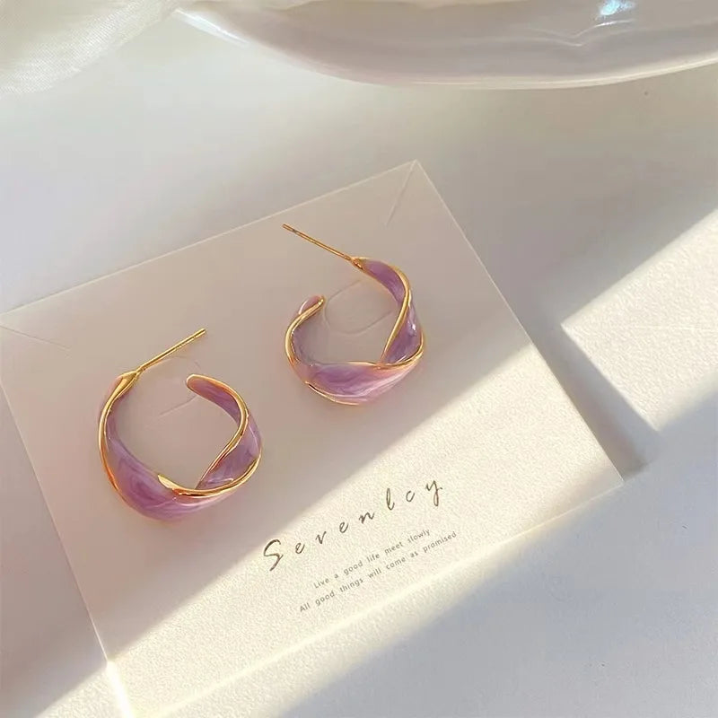 2024 New Trendy Enamel Color Metal Texture Small Hoop Earrings for Women Gold Plated Statement Ear Buckle Creative Jewelry Gifts