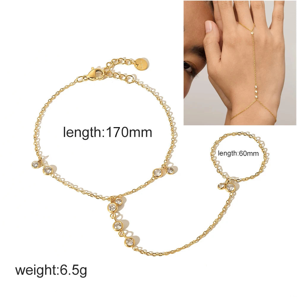 14K Yellow Gold Plated Stainless Steel Hand Chains Bracelet for Women Dainty Cubic Zirconia Bracelet and Ring Chain Body Jewelry