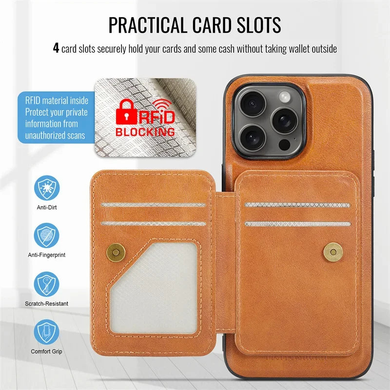 Luxury Leather Wallet Phone Case for iPhone 17 16 Pro 15 14 13 12Pro 11 XS Pro Max Compatible Magnetic MagSafe Wireless Charging