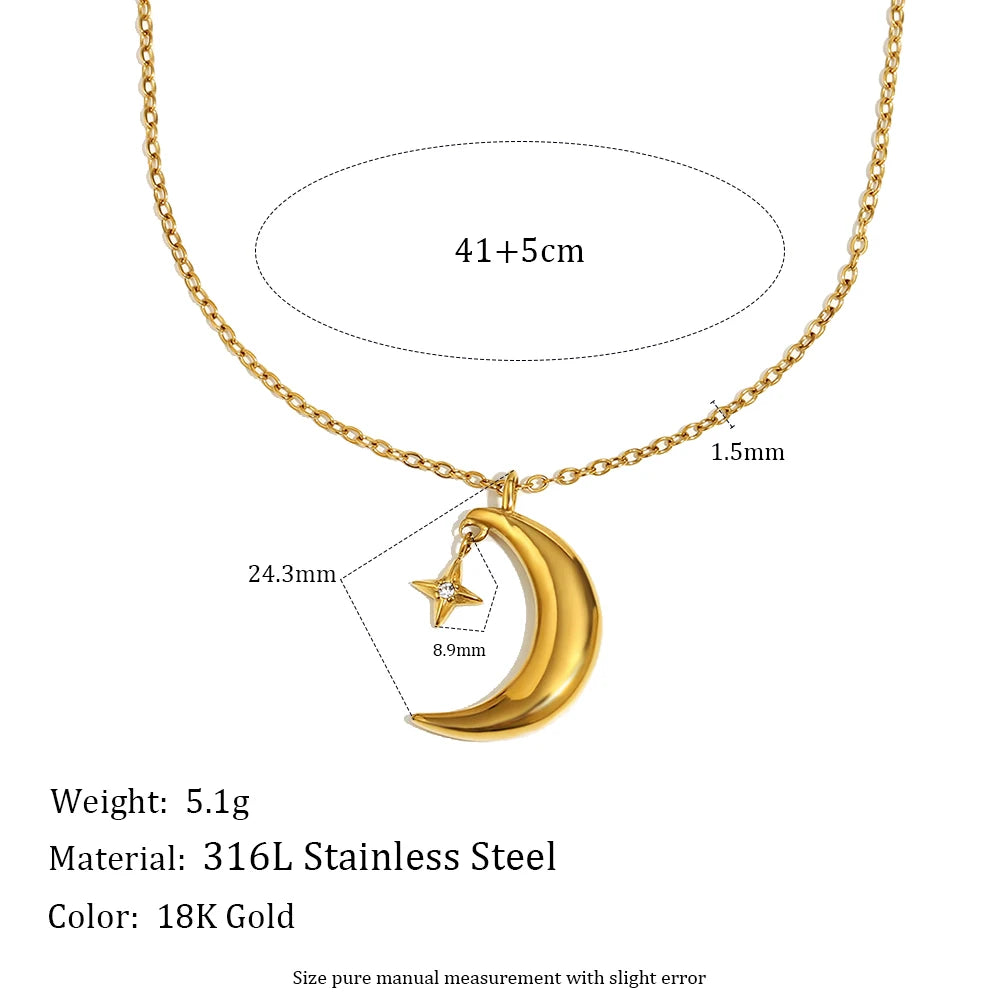 E.B.belle Creative Crescent Moon Star Pendant Necklace 18K Gold Plated Stainless Steel Women Party Statement Jewerly Accessories