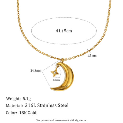 E.B.belle Creative Crescent Moon Star Pendant Necklace 18K Gold Plated Stainless Steel Women Party Statement Jewerly Accessories
