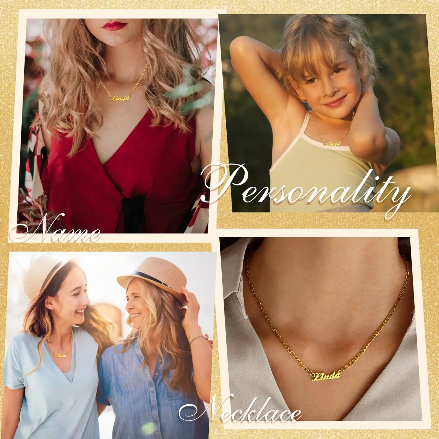 Customized Name Necklace For Women, Adjustable Chain Paperclip/ Curb / Cable/ Figaro Link, Gold Plated Personalized Gift