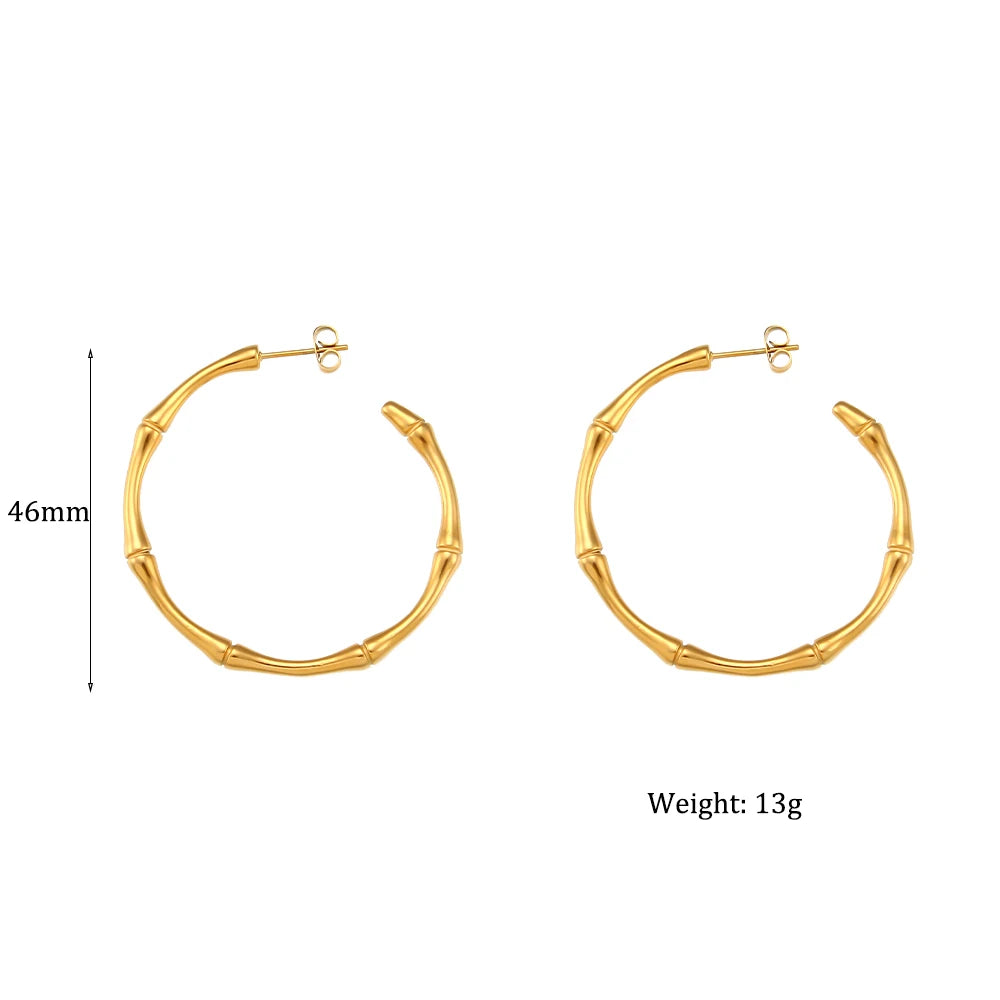 E.B.belle Minimalist Basic Thin Bamboo Large Gold Hoop Earrings For Women Stainless Steel Gold Plated Waterproof Female Big Hoop