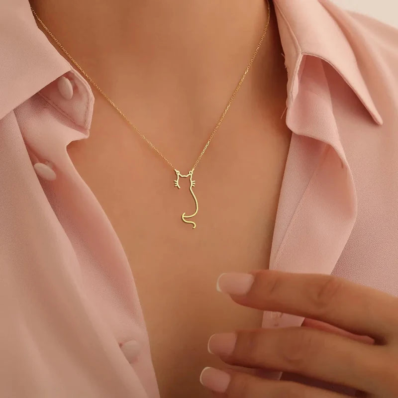 Dainty Cute Kitty Cat Necklace For Women 14K Gold Plated Stainless Steel Cat Pendant Necklace Pet Jewelry