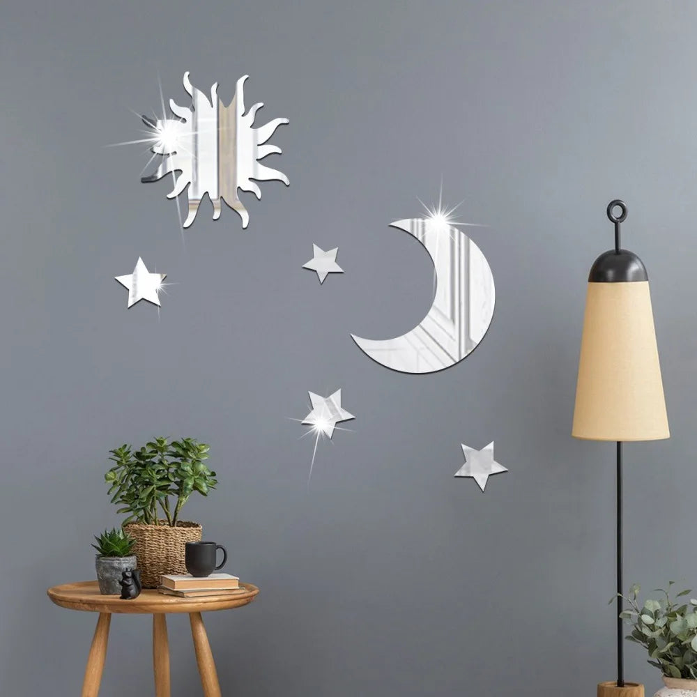 6PCS Star Moon Combination Mirror Acrylic Stereo Self Adhesive Diy Bedroom Living Room Can Be Removed Wall Stickers