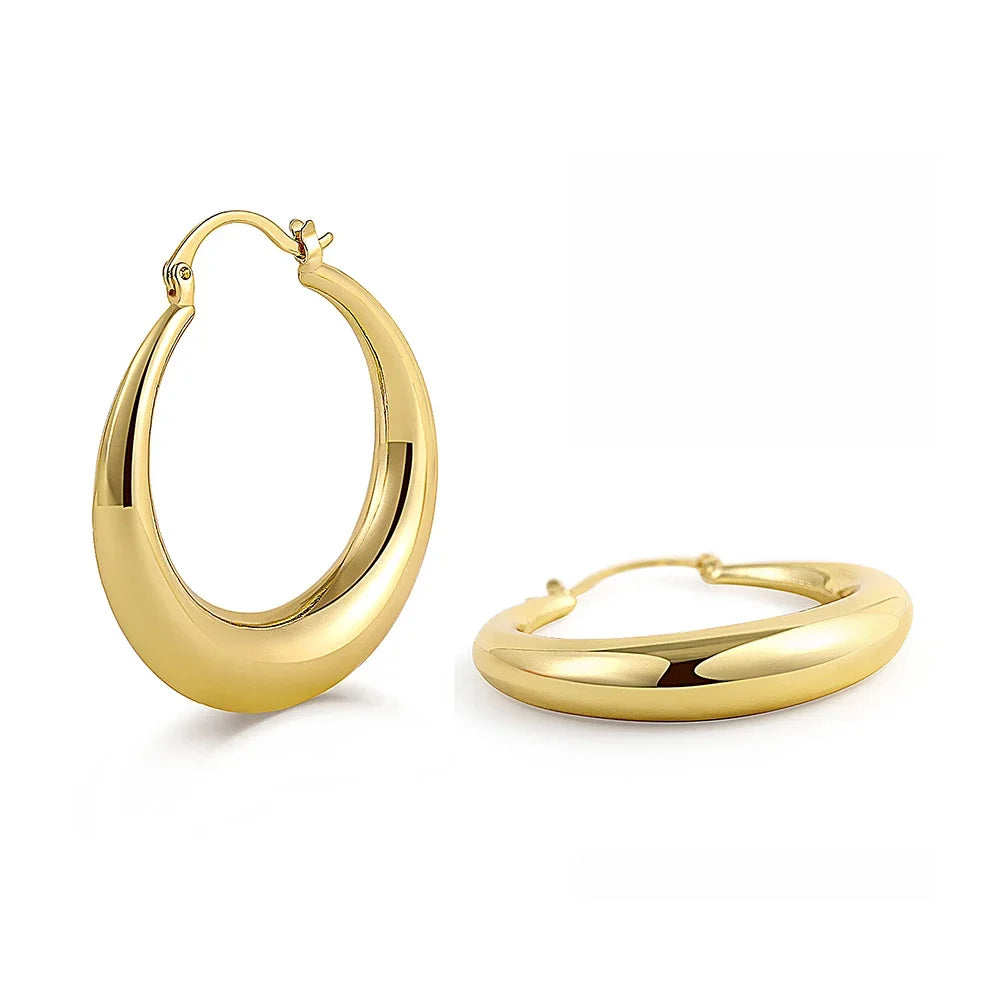 Smooth Round Chunky Hoop Earrings for Women Girls Gold Plated Wide Thick Geometric Metal Statement Earrings Vintage Jewelry Gift
