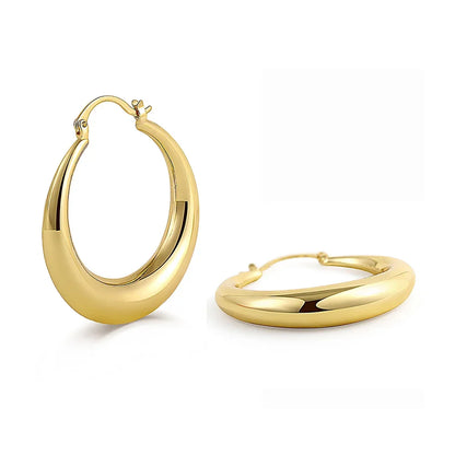 Smooth Round Chunky Hoop Earrings for Women Girls Gold Plated Wide Thick Geometric Metal Statement Earrings Vintage Jewelry Gift