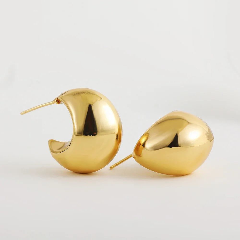 Smooth Round Chunky Hoop Earrings for Women Girls Gold Plated Wide Thick Geometric Metal Statement Earrings Vintage Jewelry Gift