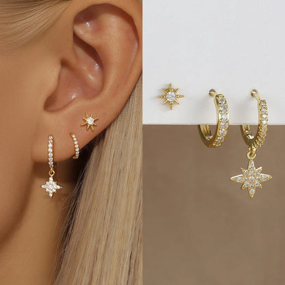 3PCS Gold Color Star Earrings Set for Women Zircon Pendant Stainless Steel Hoop Earring Trend Wedding Jewelry pendientes mujer